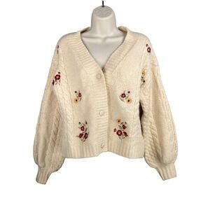 Cable Knit Cardigan Small Embroidered Floral Balloon Sleeve Boho Cottage Cozy